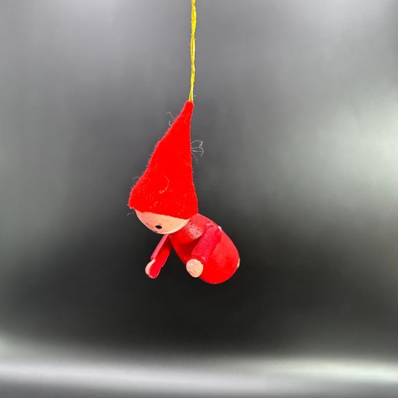Gnome w/ Mustache & Hat Christmas Tree Ornament Red Wooden Hand Painted Taiwan - Picture 6 of 8